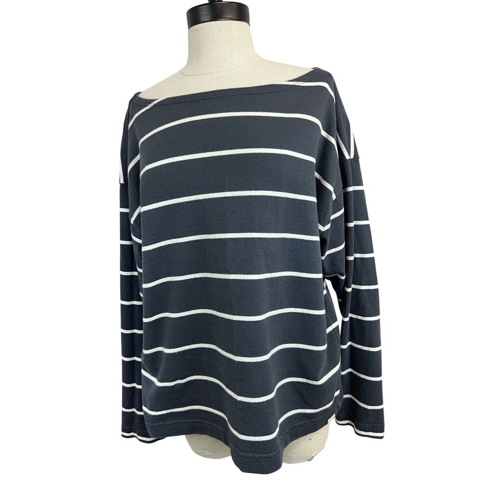 Faherty Striped Long Sleeve Top Women L Grey‎ Good Organic Cotton Boat Neck